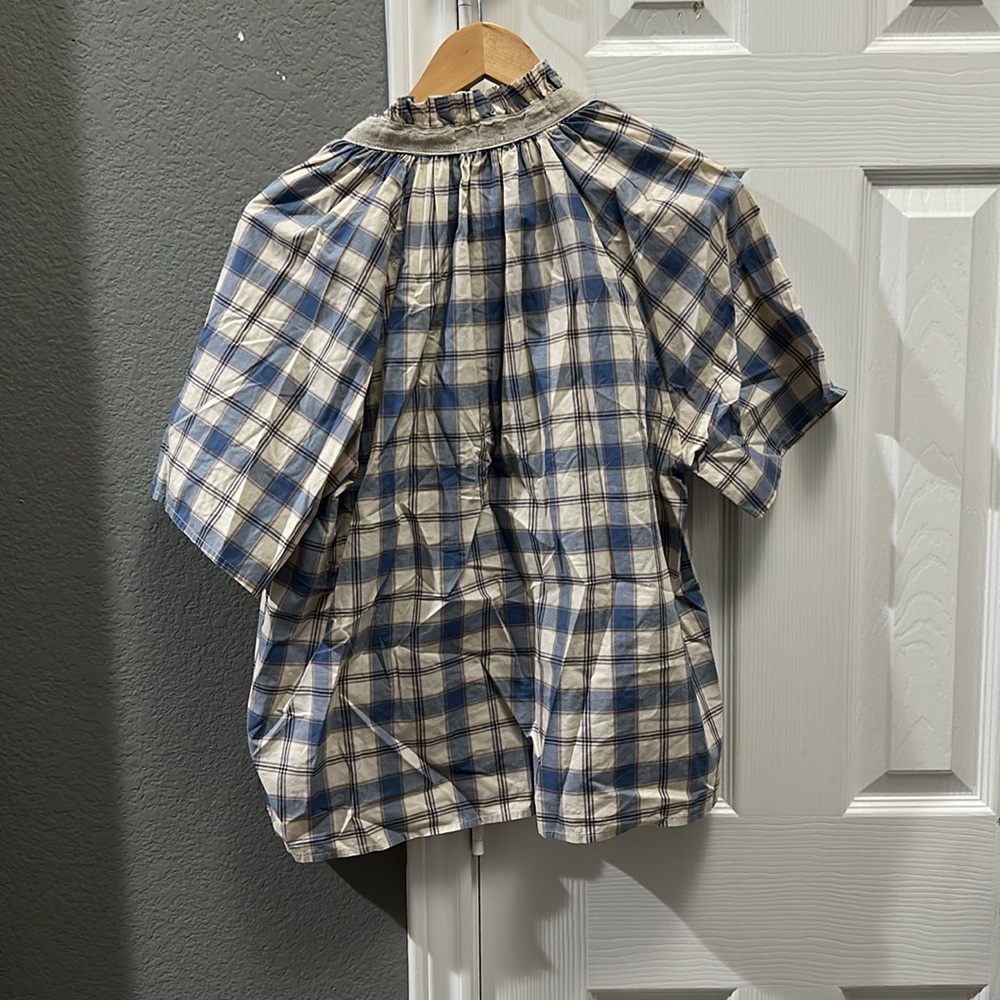 A shirt thing blue cream plaid women’s blouse size large 100% cotton - Picture 4 of 4